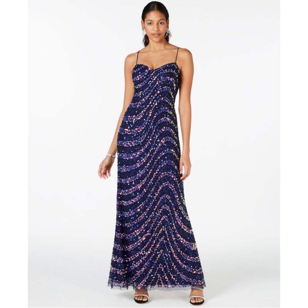 ADRIANNA PAPELL Navy Iridescent Wave Sequin Maxi Spaghetti Strap Dress Formal